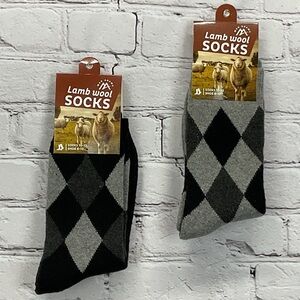 Max Adams Lamb Wool Socks Men's Size 10-13 Black Gray Argyle 2 Pair Casual Comfy